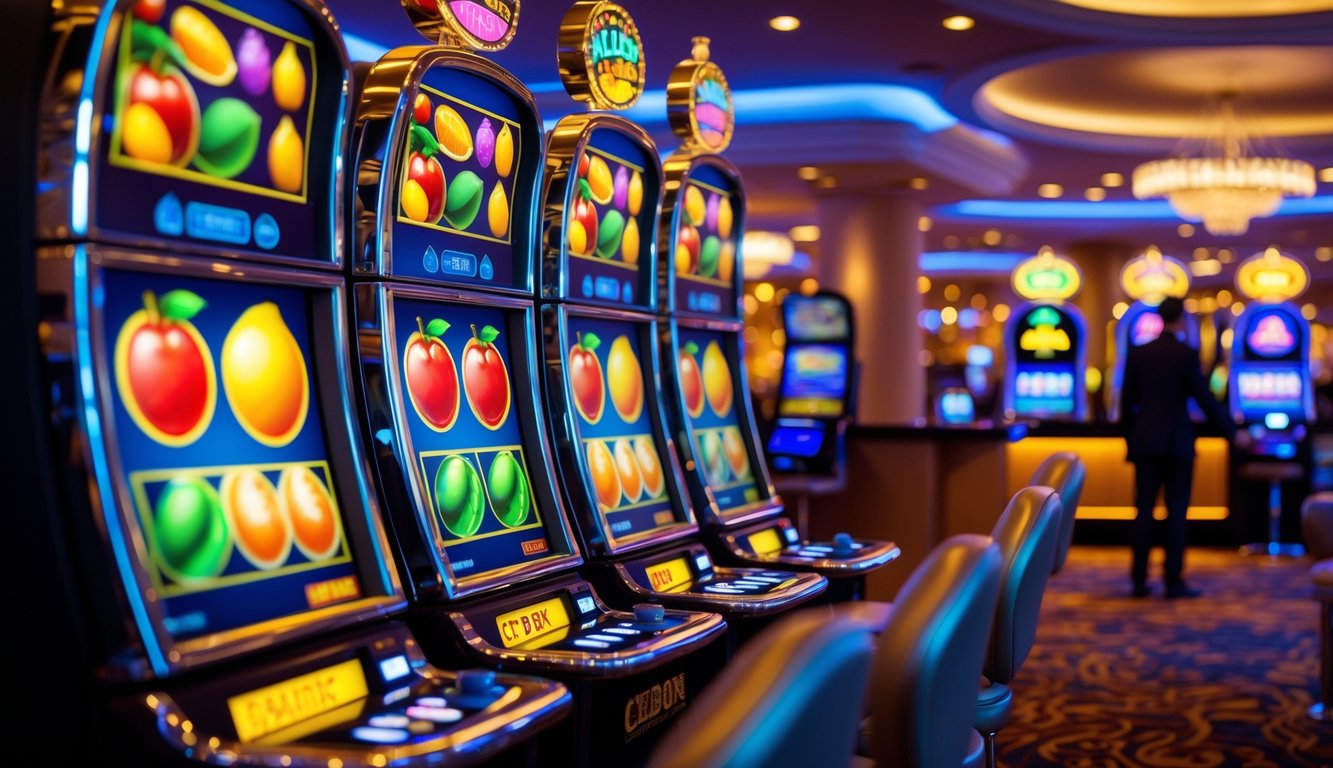 Area mesin slot dengan simbol buah berwarna-warni di kasino yang ramai dan ramah.