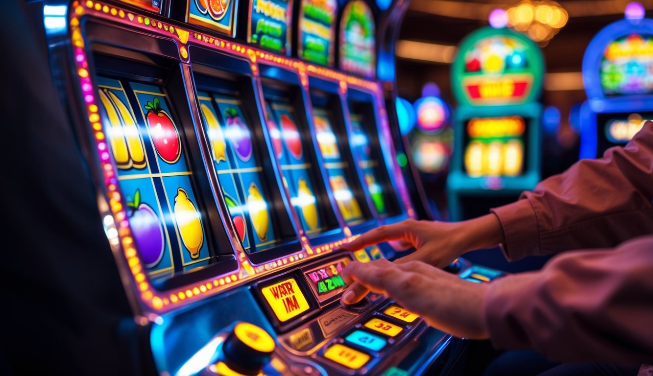 Seseorang sedang bermain mesin slot buah berwarna-warni di kasino dengan tangan menekan tombol putar.