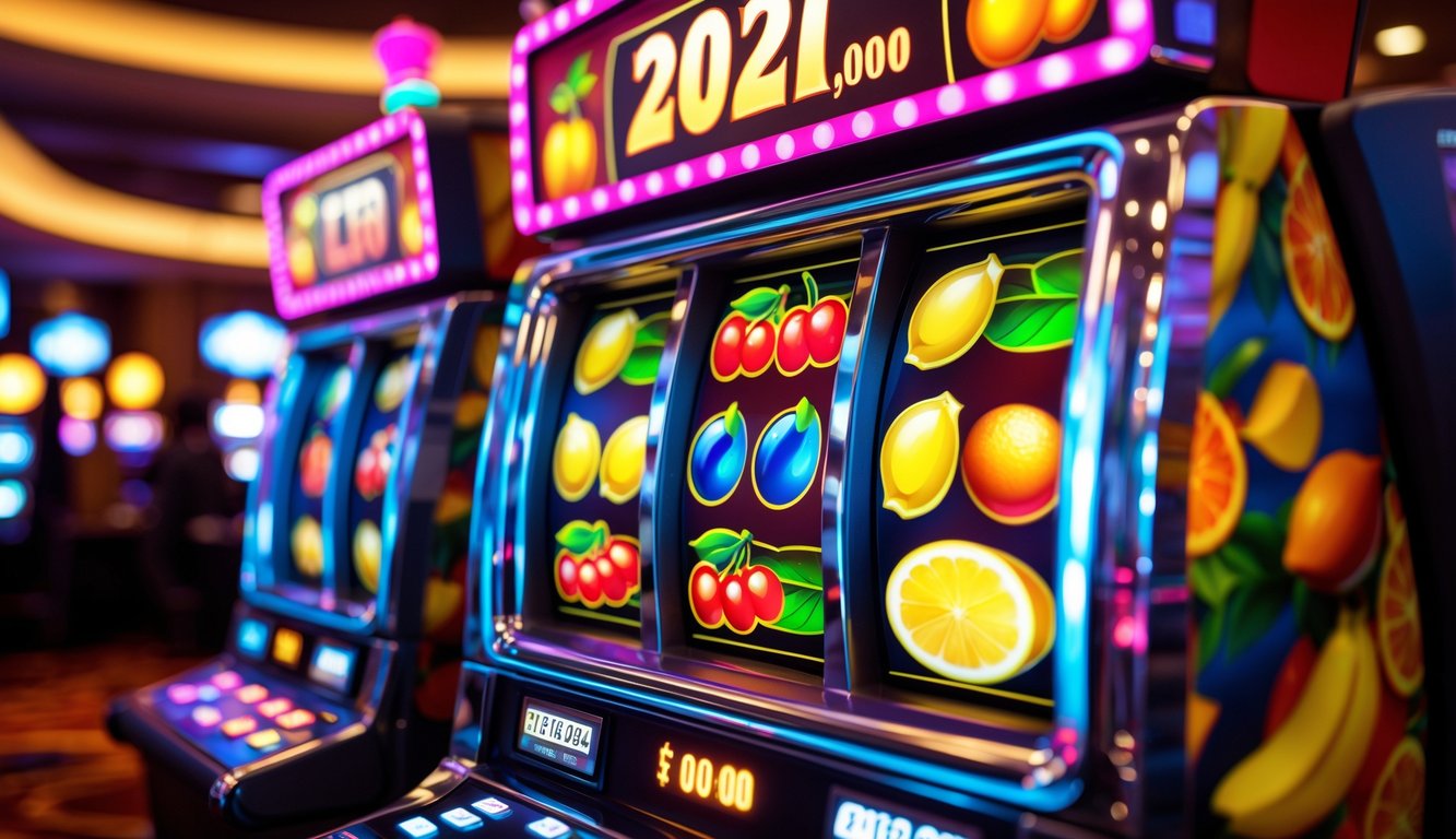 Mesin slot bertema buah tropis dengan simbol buah berwarna cerah dan jackpot besar yang menyala di bagian atas.