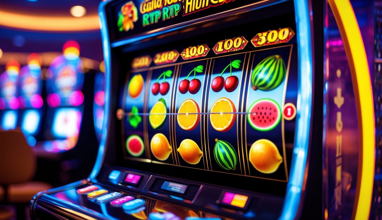 Mesin slot buah berwarna-warni dengan simbol buah klasik yang terlihat jelas dalam suasana kasino yang cerah dan menarik.
