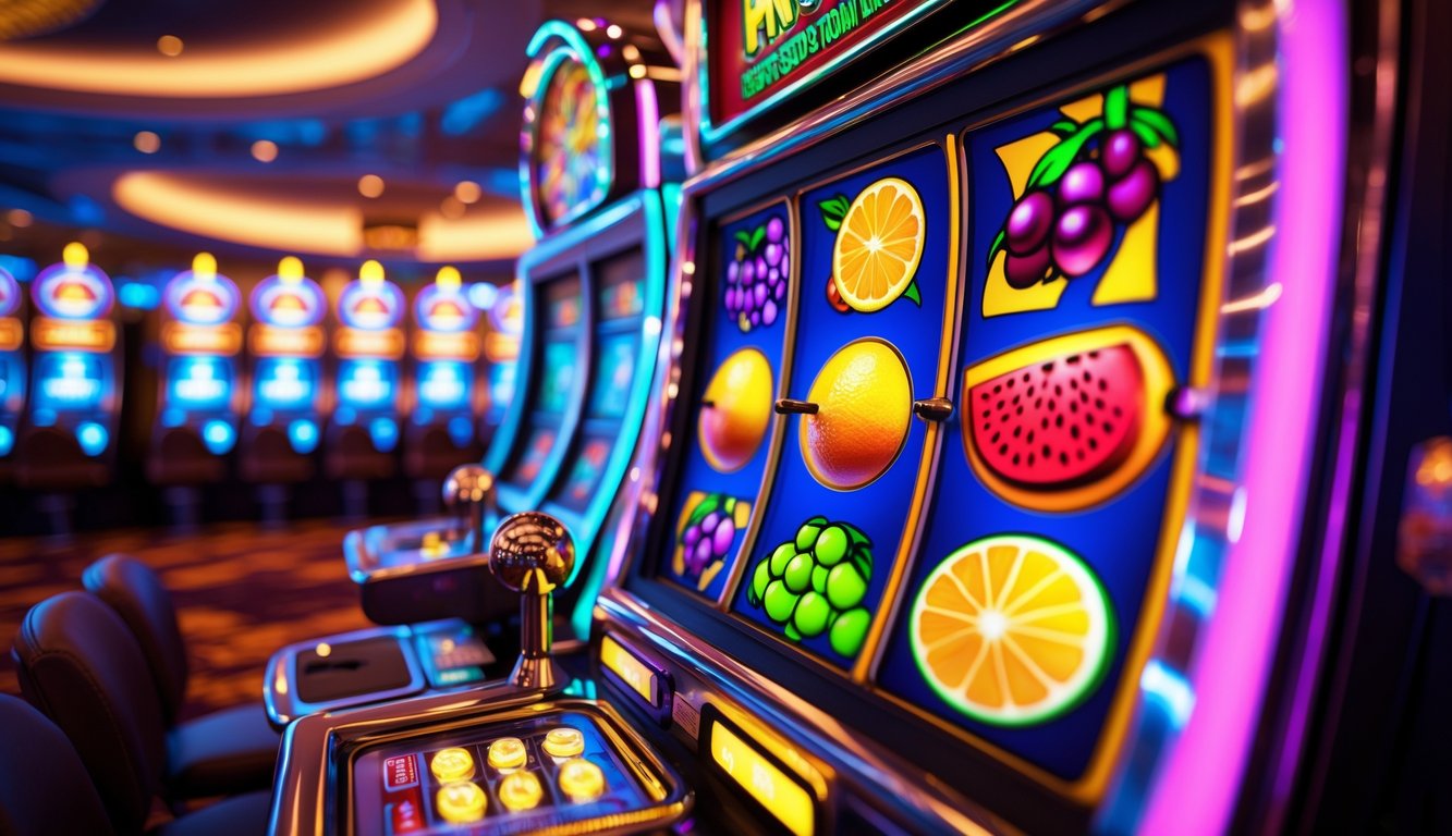Mesin slot buah berwarna cerah dengan simbol buah klasik di dalam kasino yang terang dan ramai.