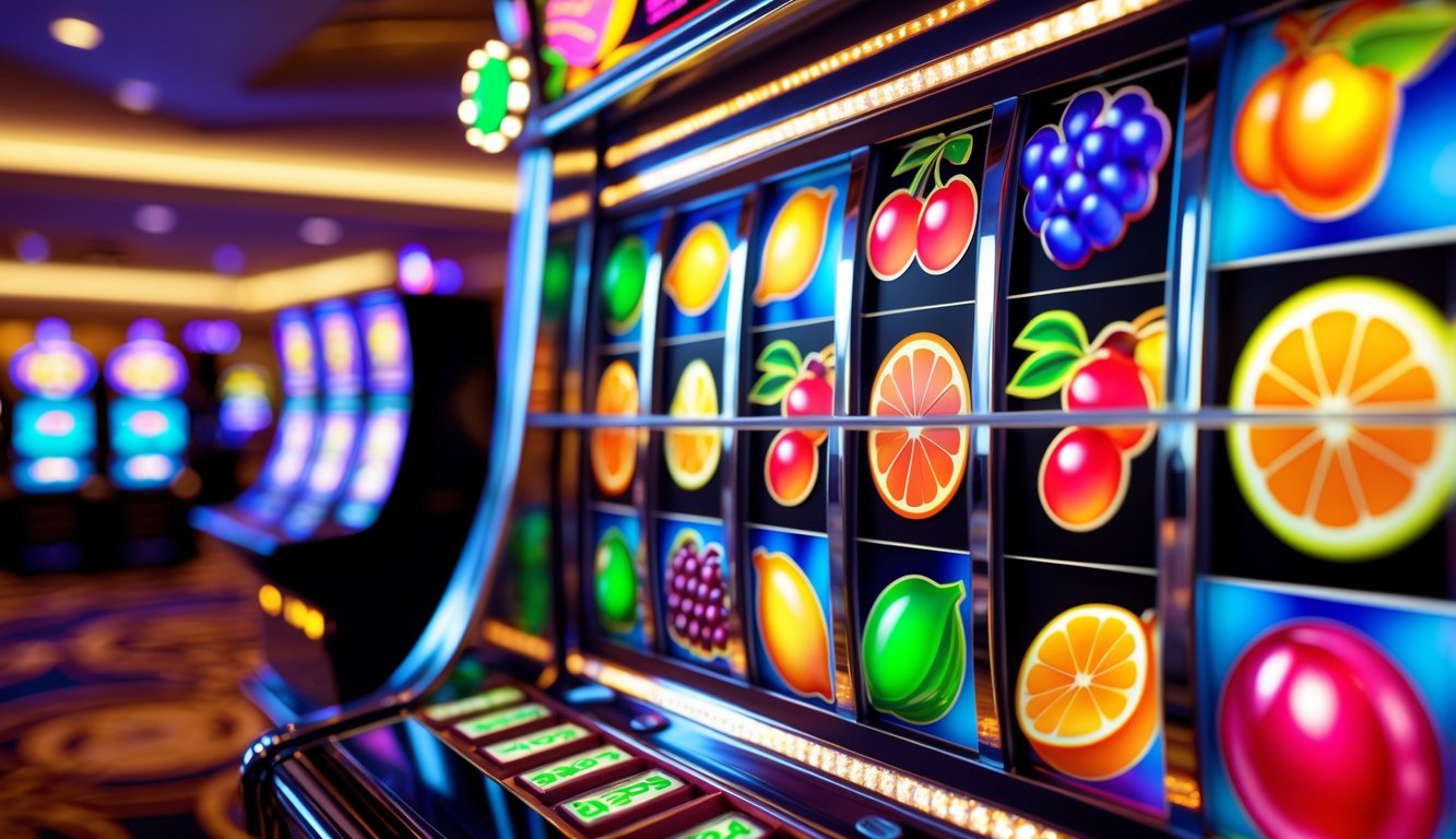 Mesin slot buah berwarna cerah dengan simbol buah yang berputar di dalam kasino.