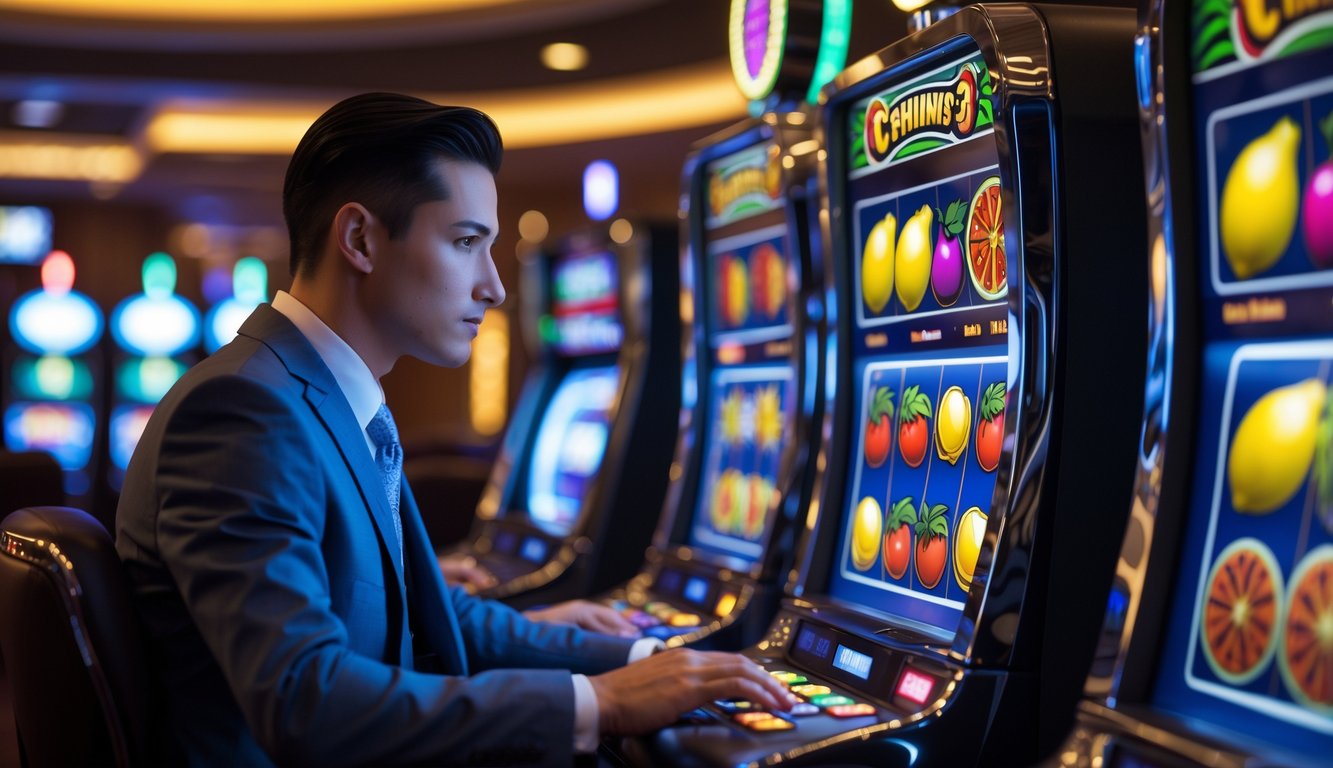 Seorang pemain serius sedang bermain mesin slot buah di kasino dengan latar belakang mesin slot lainnya.