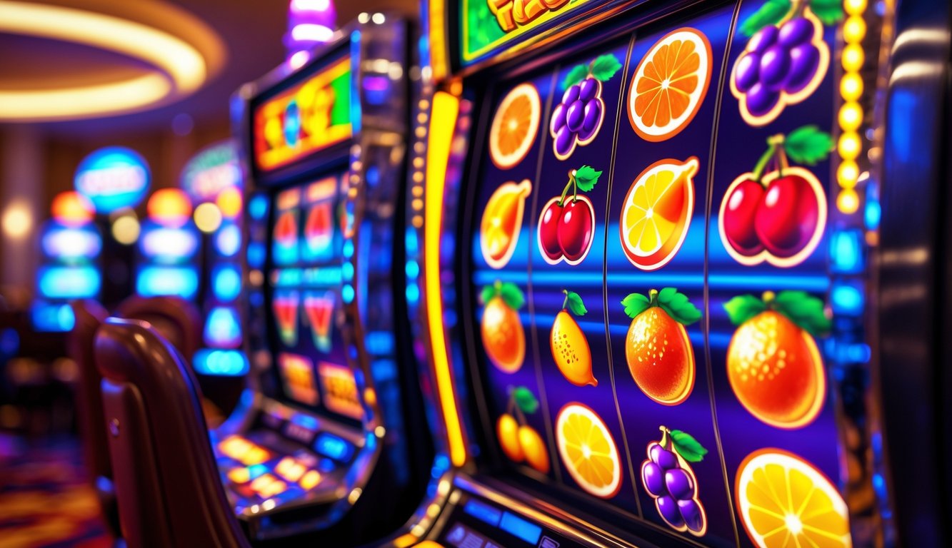 Mesin slot buah berwarna cerah dengan simbol ceri, lemon, jeruk, anggur, dan semangka di kasino yang terang dan ramai.