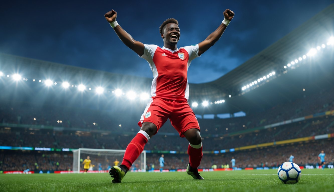 Seorang pemain sepak bola pria merayakan gol dengan latar belakang stadion dan penonton.