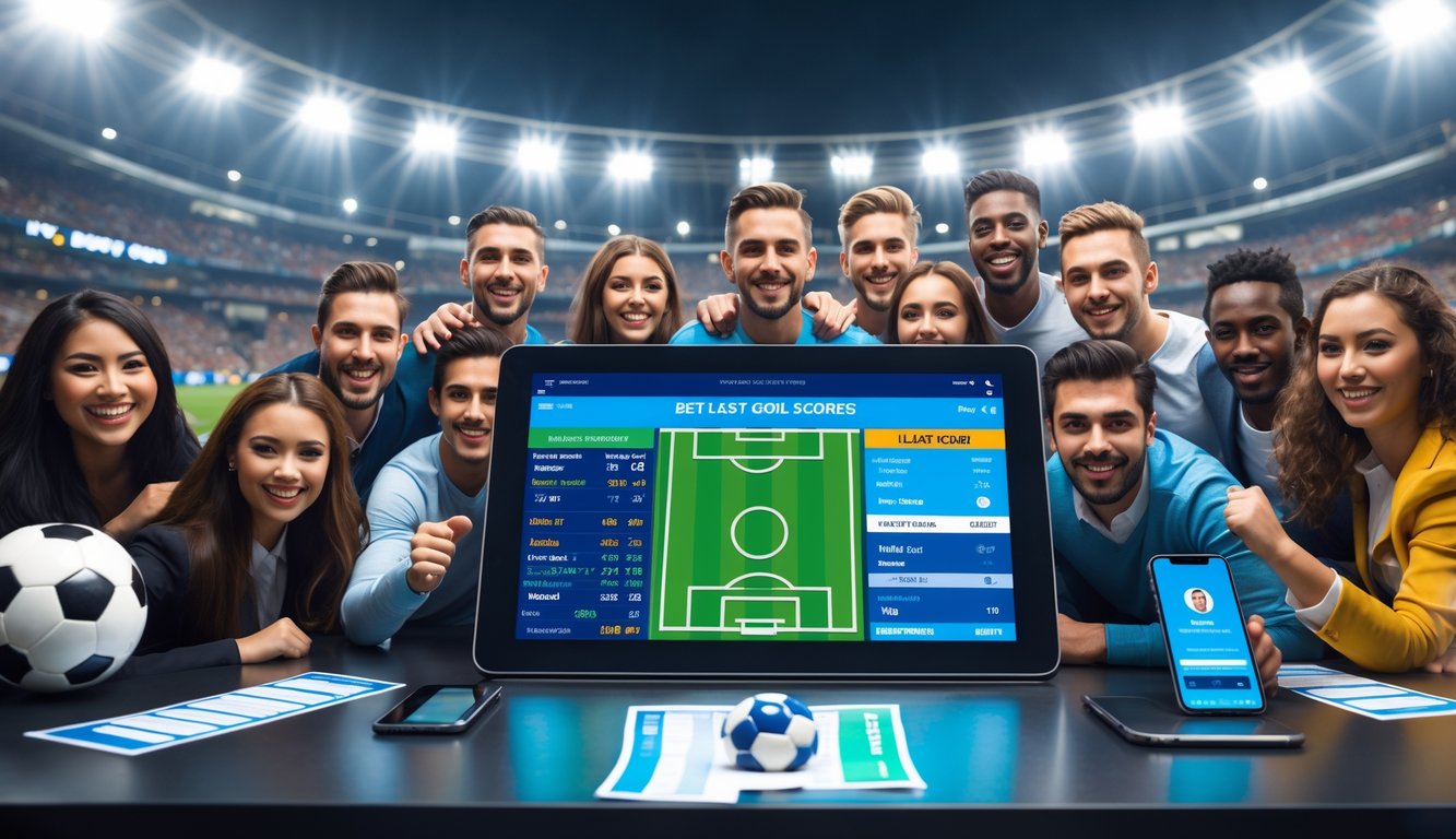 Sekelompok orang sedang melihat layar digital yang menampilkan statistik pemain sepak bola dan peluang taruhan dalam suasana stadion yang ramai.