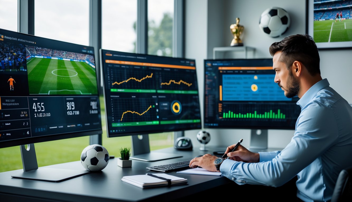 Seorang analis olahraga sedang mempelajari data prediksi pencetak gol terakhir dalam pertandingan sepak bola di depan monitor komputer.