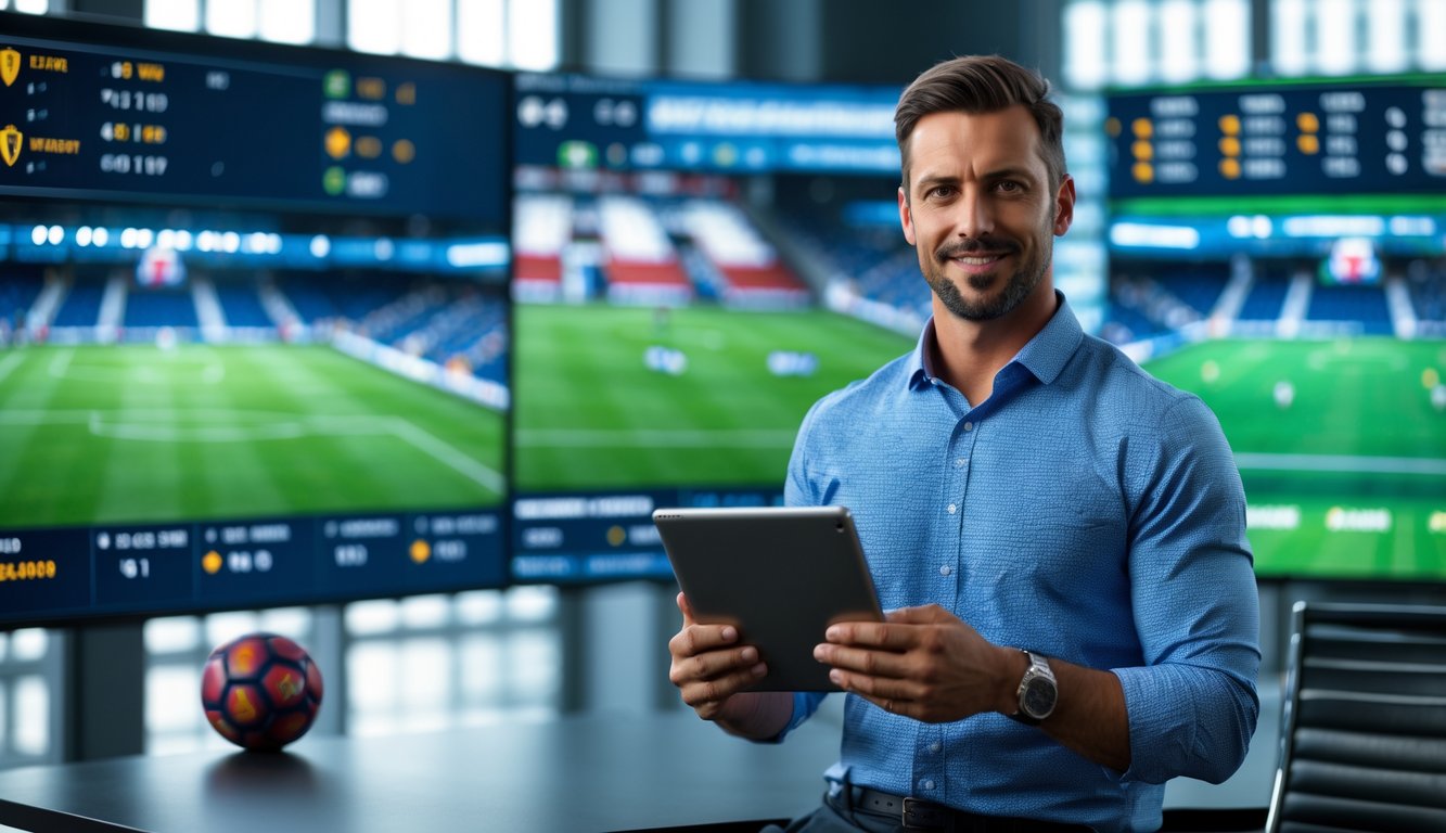 Seorang analis olahraga pria sedang memeriksa data pencetak gol terakhir dalam pertandingan sepak bola di studio modern dengan layar besar di sekitarnya.