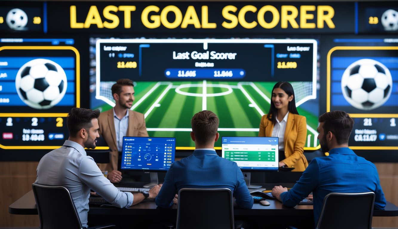 Beberapa orang sedang duduk di meja dengan laptop dan ponsel, melihat statistik dan informasi taruhan sepak bola tentang pencetak gol terakhir.