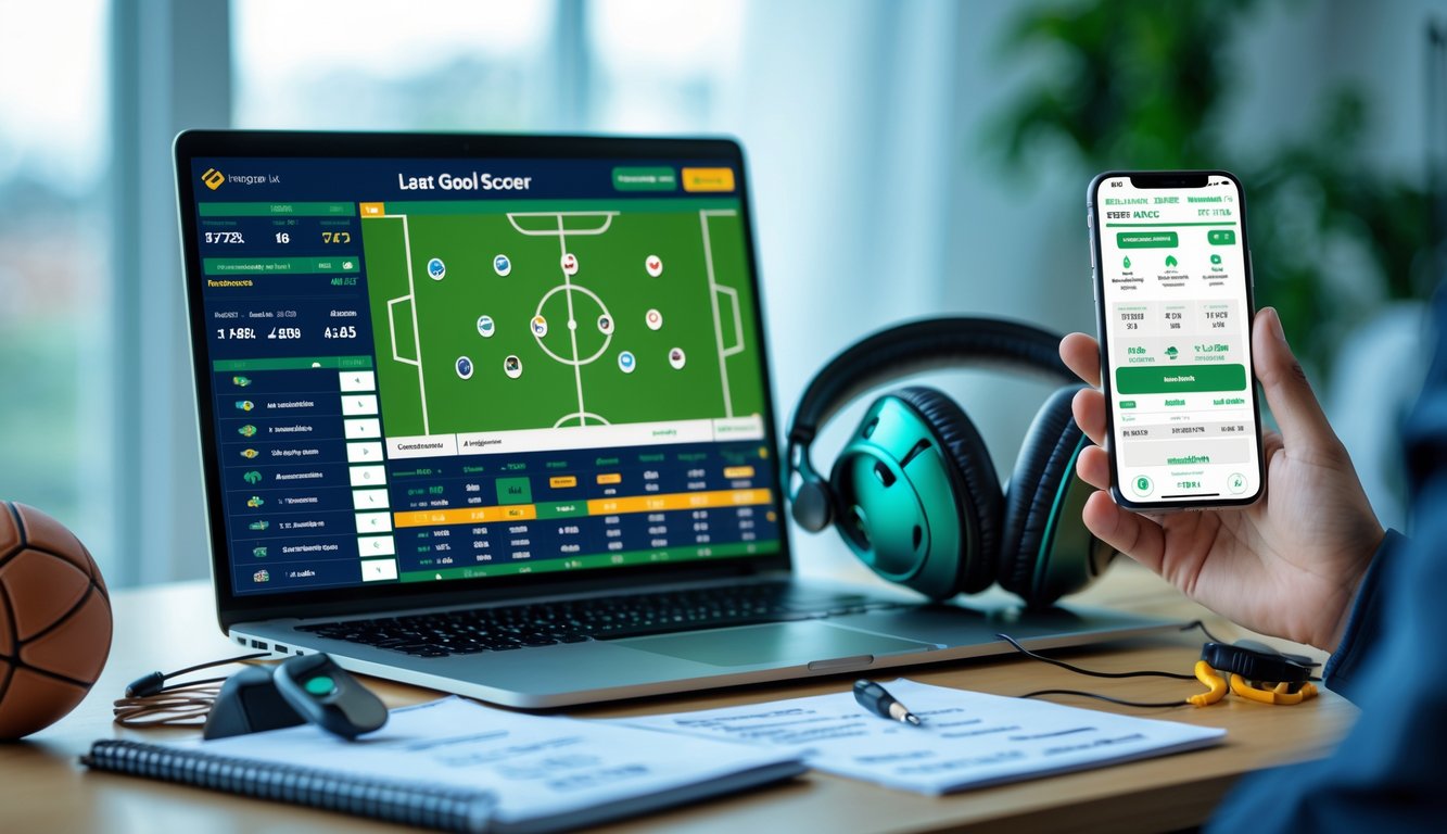 Sebuah laptop dan ponsel di meja dengan tampilan statistik pertandingan sepak bola dan aplikasi taruhan, dikelilingi oleh bola sepak kecil, headphone, dan catatan taruhan.