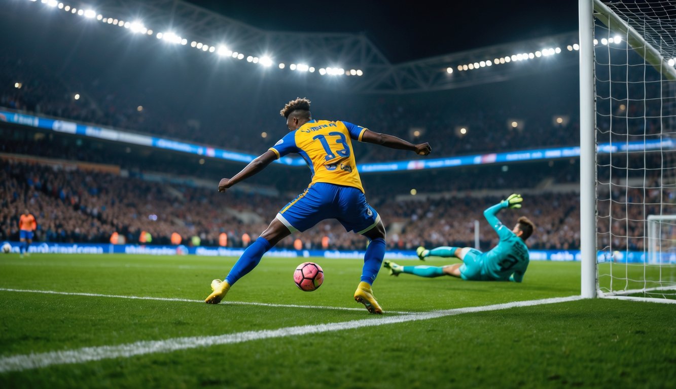 Seorang pemain sepak bola sedang menendang bola menuju gawang dengan latar belakang stadion penuh penonton dan kiper yang berusaha menyelamatkan bola.