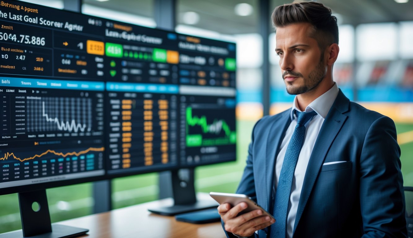 Seorang agen taruhan olahraga sedang melihat layar digital dengan data dan statistik taruhan gol terakhir dengan odds tinggi di kantor modern.