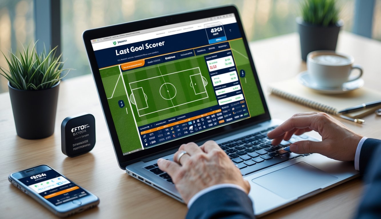 Seseorang menggunakan laptop di meja kerja dengan tampilan situs taruhan olahraga sepak bola online.