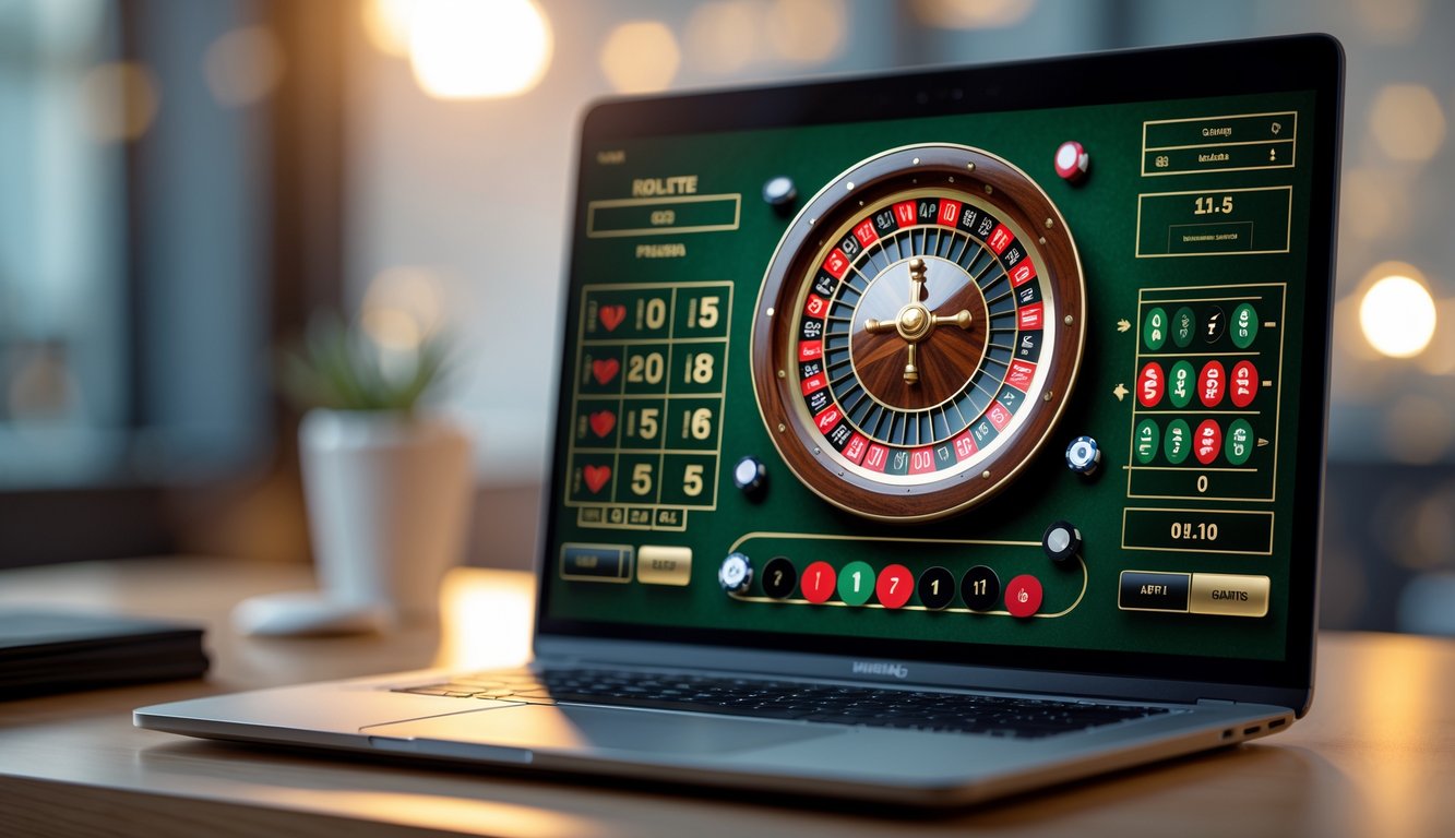 Layar laptop menampilkan permainan roulette Prancis online dengan roda roulette dan opsi taruhan digital di atas meja kayu.