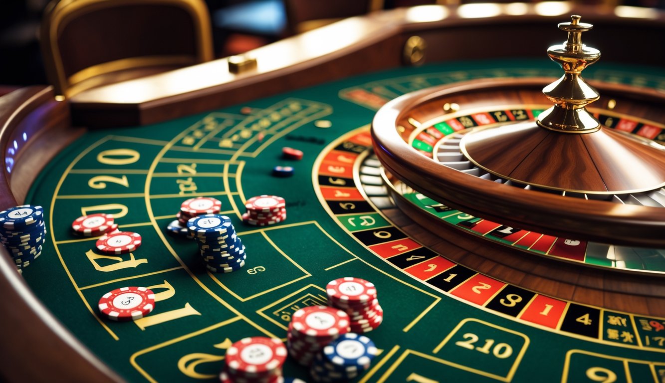 Meja permainan French Roulette dengan roda roulette berwarna merah, hitam, dan hijau serta bola sedang berputar di atasnya.