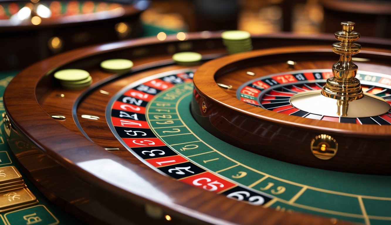 Meja roulette Prancis dengan roda berputar dan chip taruhan di kasino.