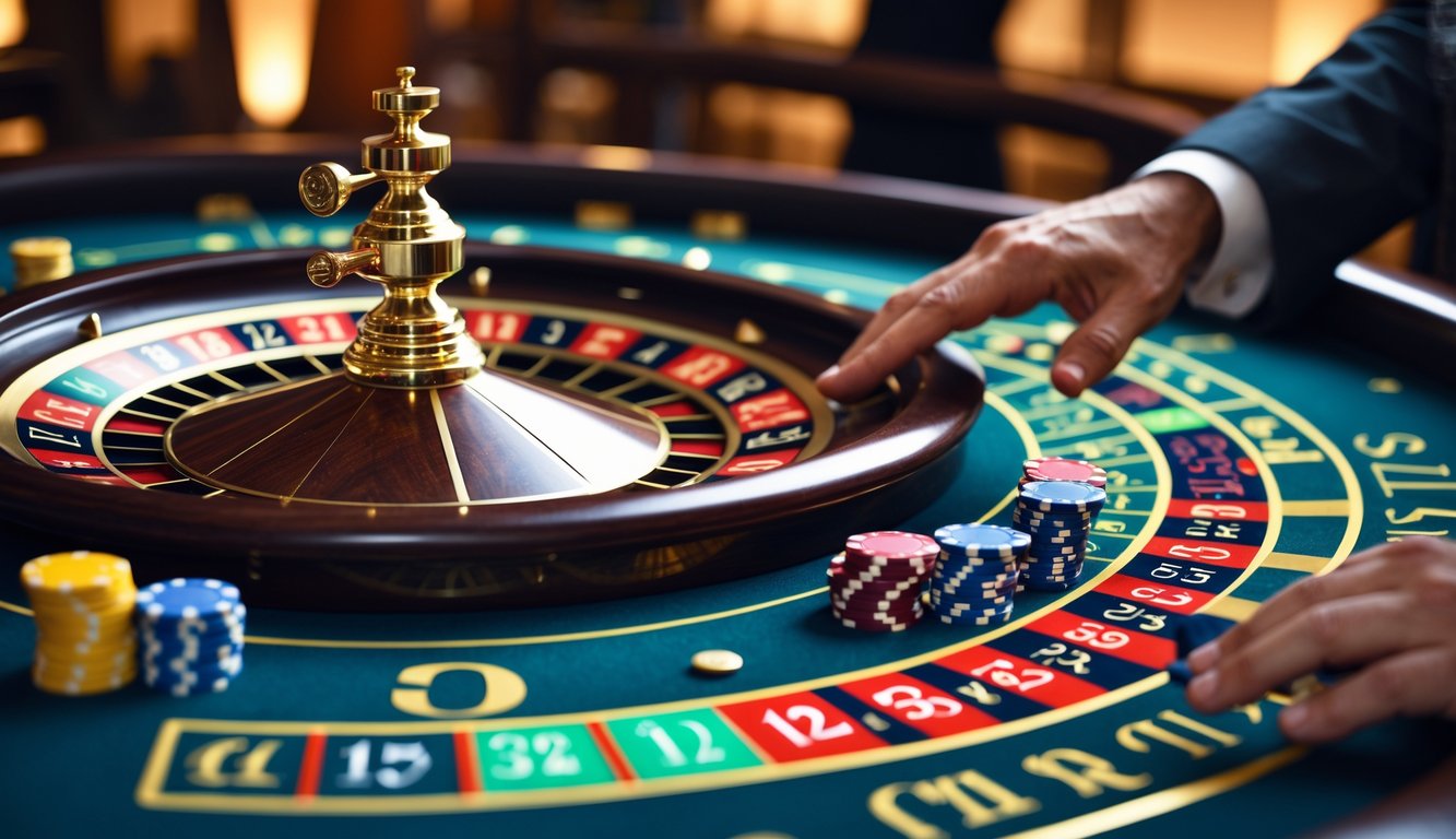 Meja roulette Prancis dengan roda roulette yang sedang berputar dan tumpukan chip taruhan di sampingnya.