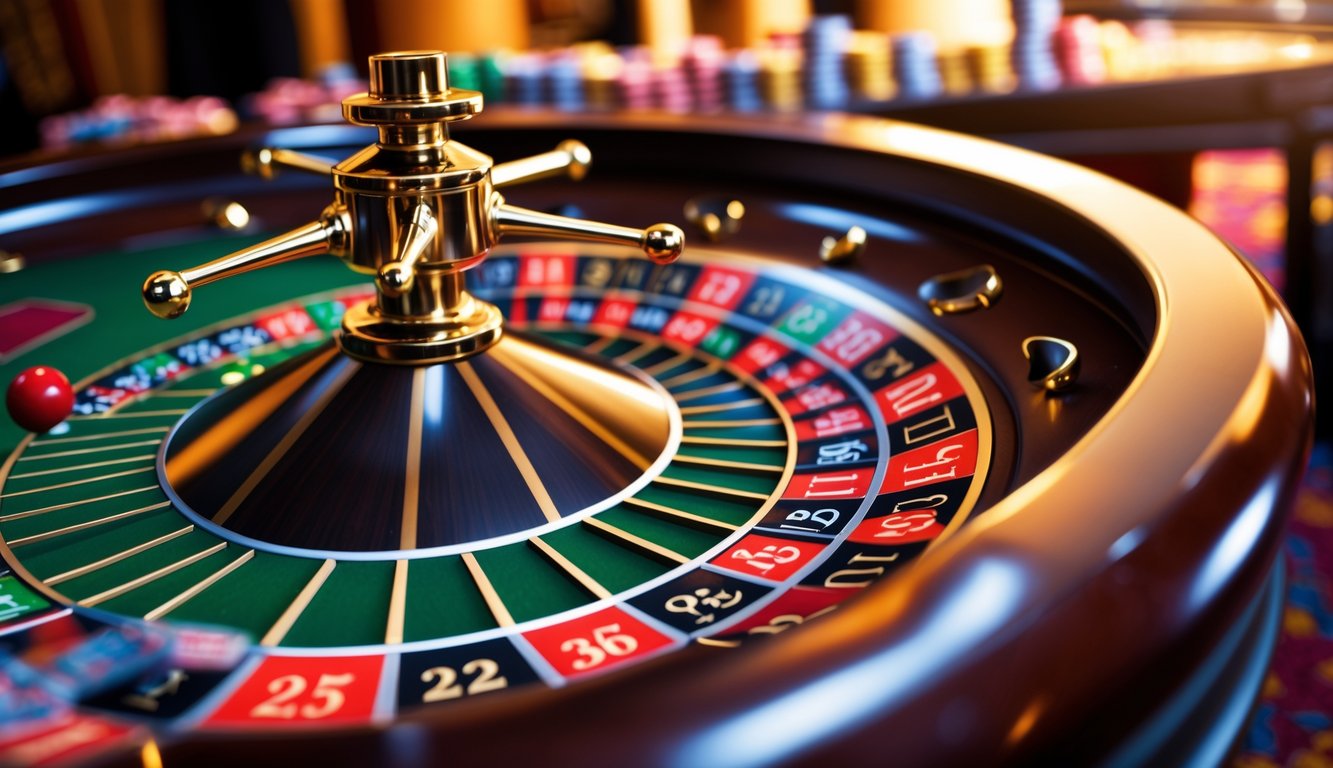 Meja roulette Prancis dengan roda roulette dan chip taruhan di kasino.