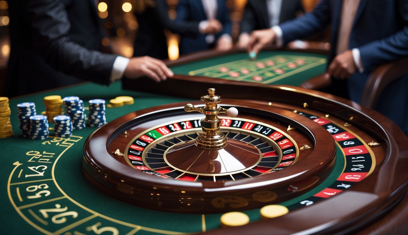 Meja roulette Prancis dengan roda roulette berputar dan pemain yang sedang memasang taruhan di kasino.