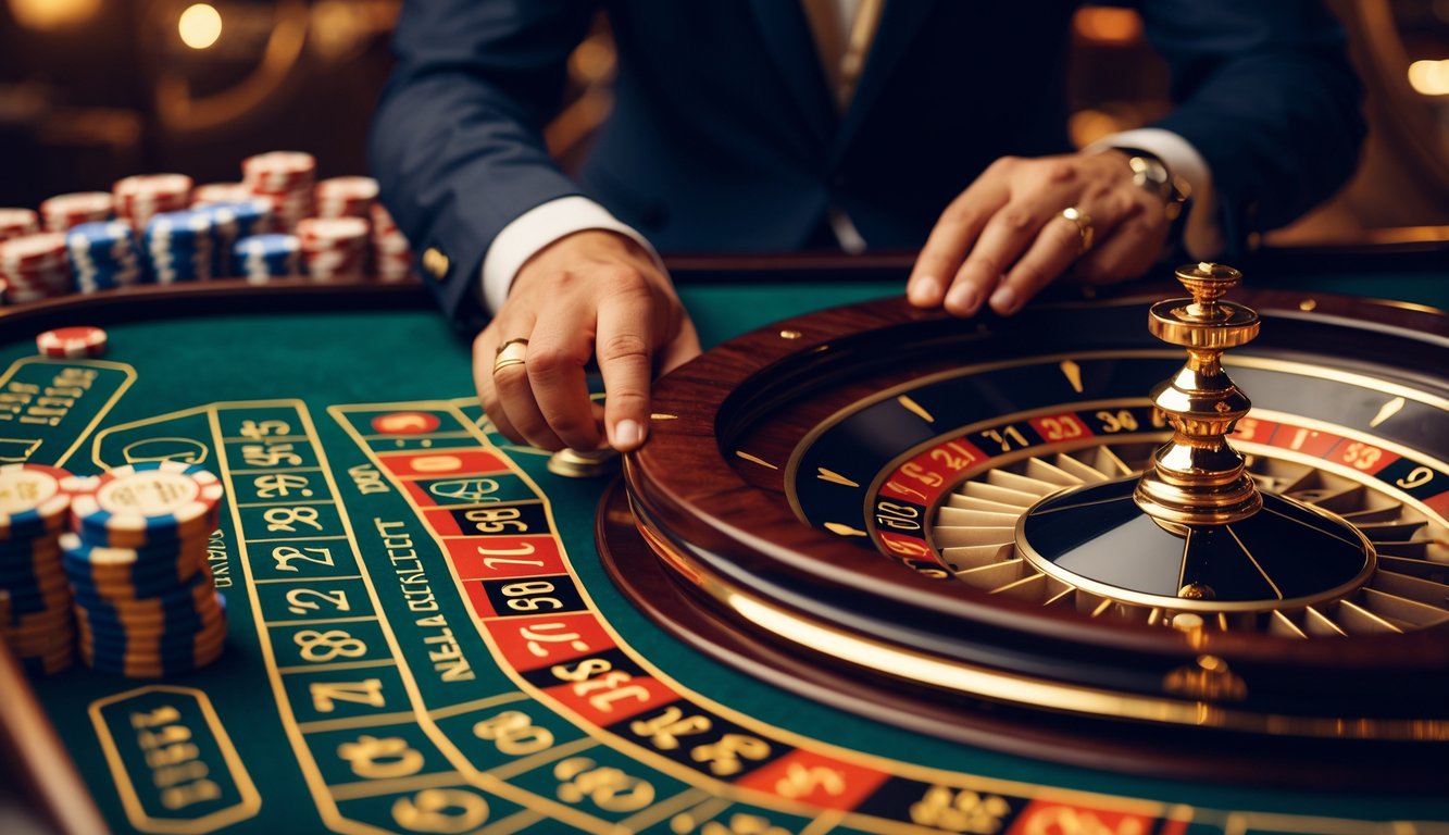 Seorang pemain di meja roulette Prancis sedang memasang taruhan dengan roda roulette yang berputar di kasino.