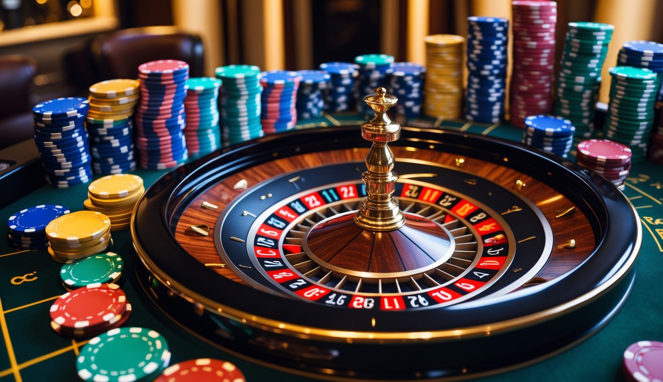 Meja roulette Prancis dengan roda roulette dan tumpukan chip kasino di latar belakang kasino mewah.