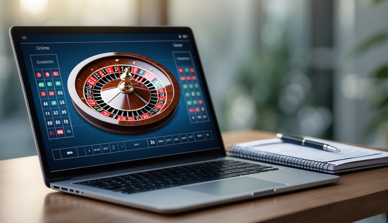 Seorang pemain sedang menggunakan laptop untuk bermain roulette Prancis online dengan catatan strategi di meja.