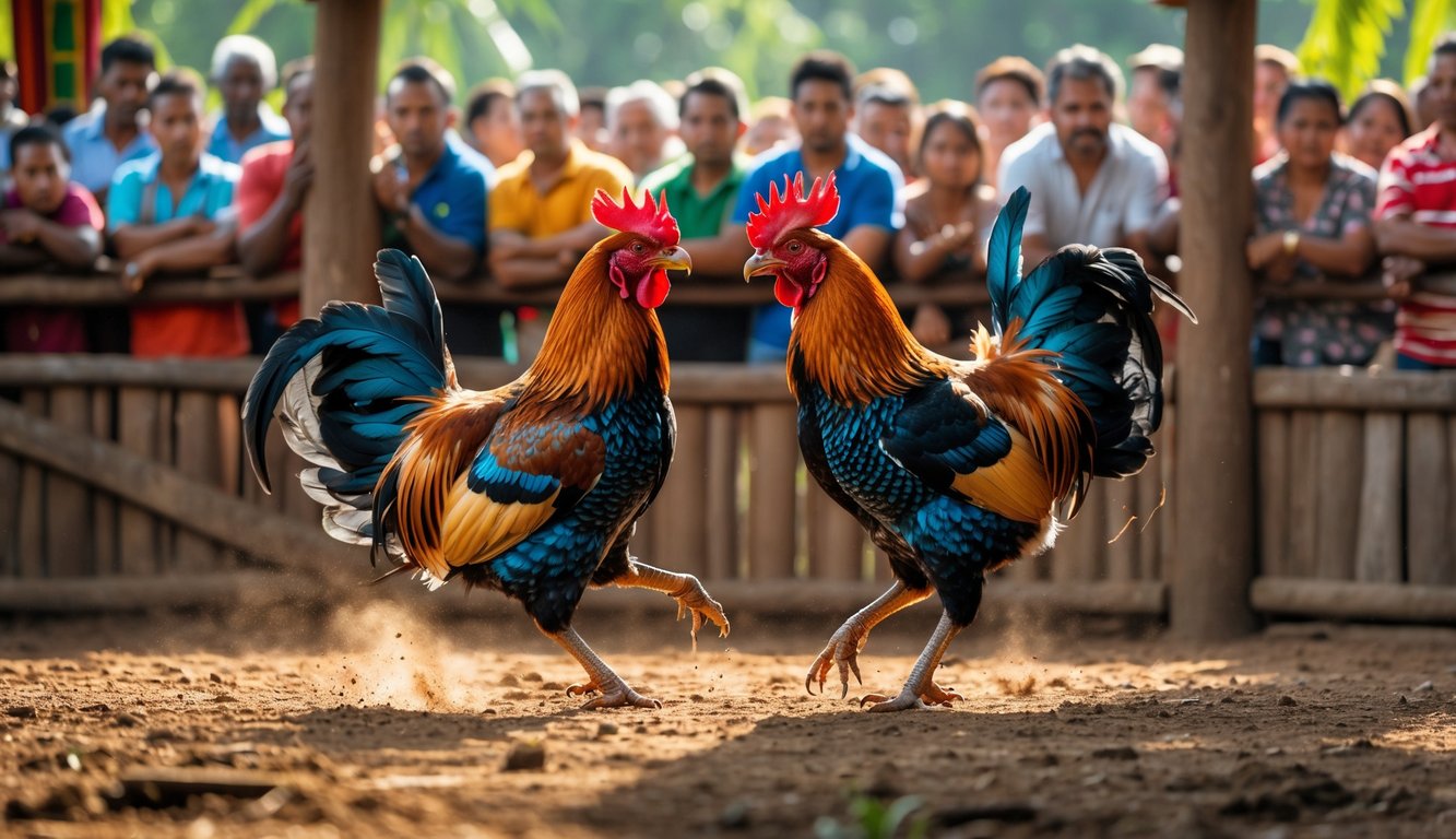 Pertarungan dua ayam jantan di arena kayu dengan penonton yang memperhatikan di latar belakang.