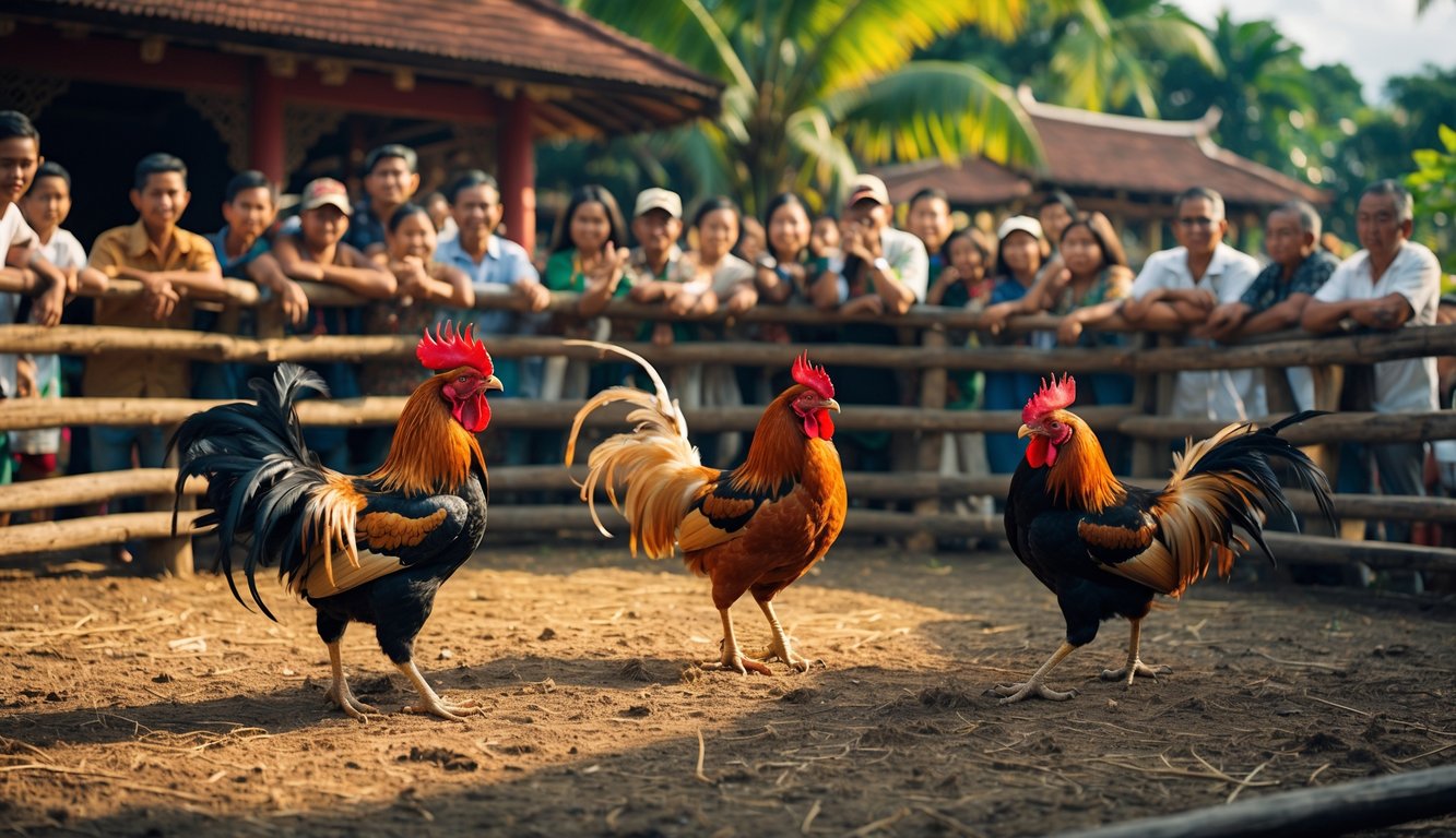 Arena sabung ayam tradisional Indonesia dengan ayam jantan berwarna cerah dan penonton yang antusias di sekitarnya.