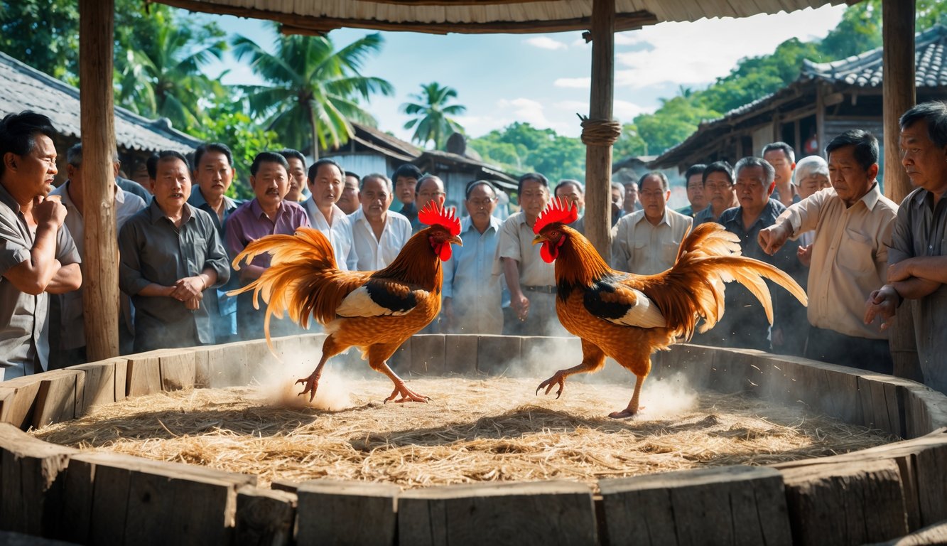 Dua ayam jago sedang bertarung di arena kayu dengan beberapa penonton yang memperhatikan di latar belakang.