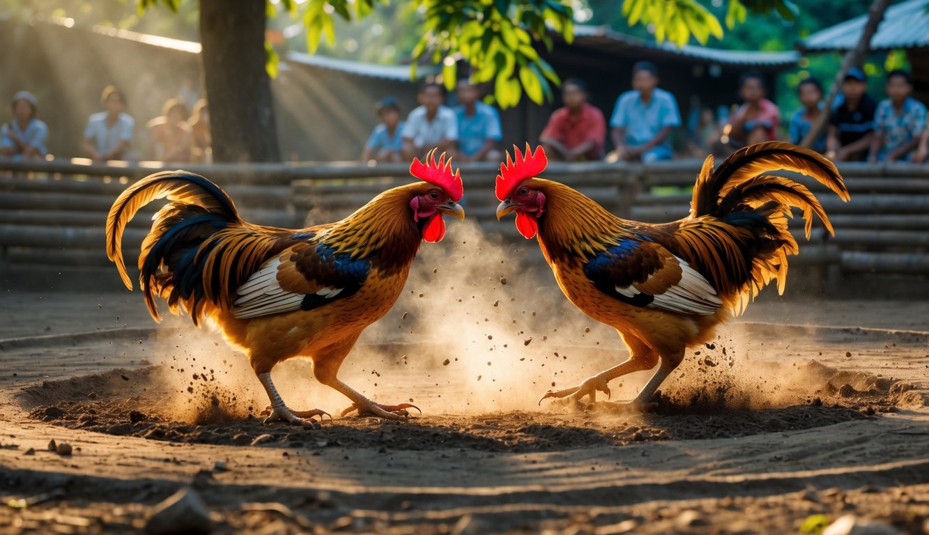 Dua ayam jago sedang bertarung di arena tanah dengan beberapa penonton memperhatikan di sekitarnya.