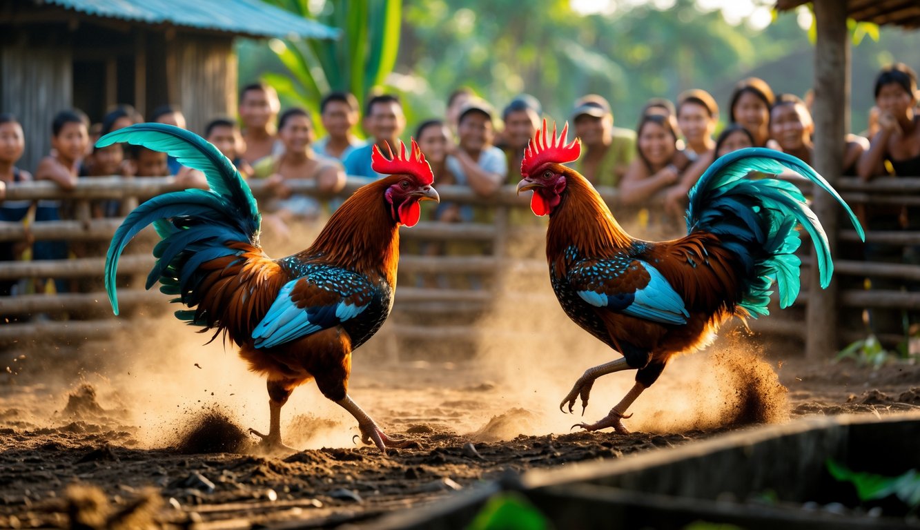 Dua ayam jago sedang bertarung di arena dengan penonton yang antusias di sekitarnya di lingkungan pedesaan tropis.