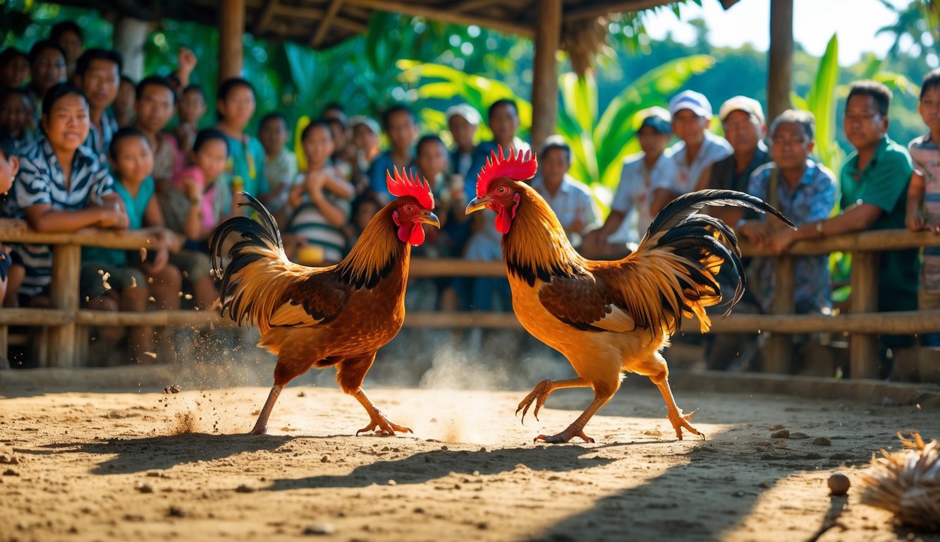 Dua ayam jago sedang bertarung di arena kayu dengan kerumunan orang menonton di latar belakang.