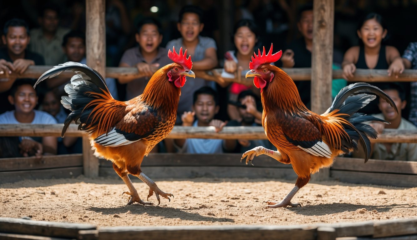 Dua ayam jantan sedang bertarung di arena kayu dengan penonton yang memperhatikan dengan antusias.