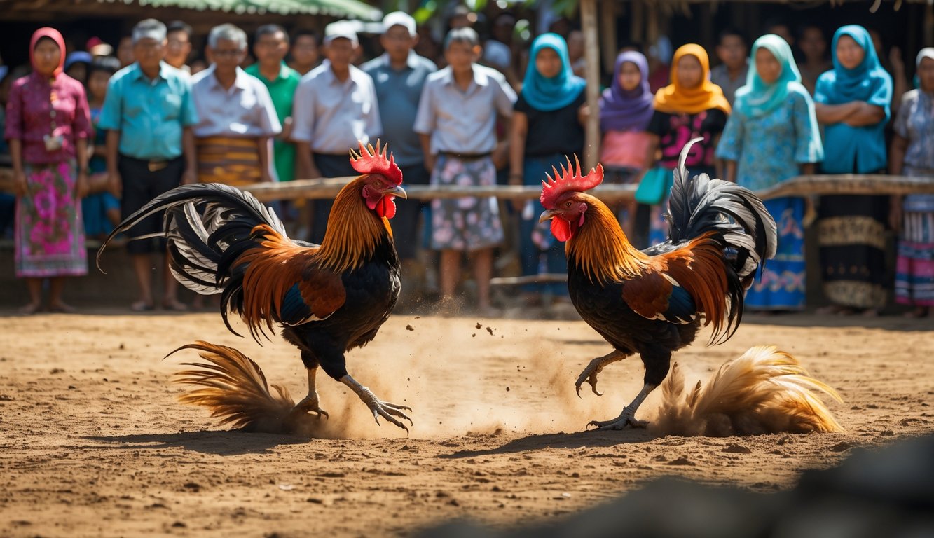 Dua ayam jantan sedang bertarung di arena tradisional dengan penonton di sekitarnya di sebuah desa.