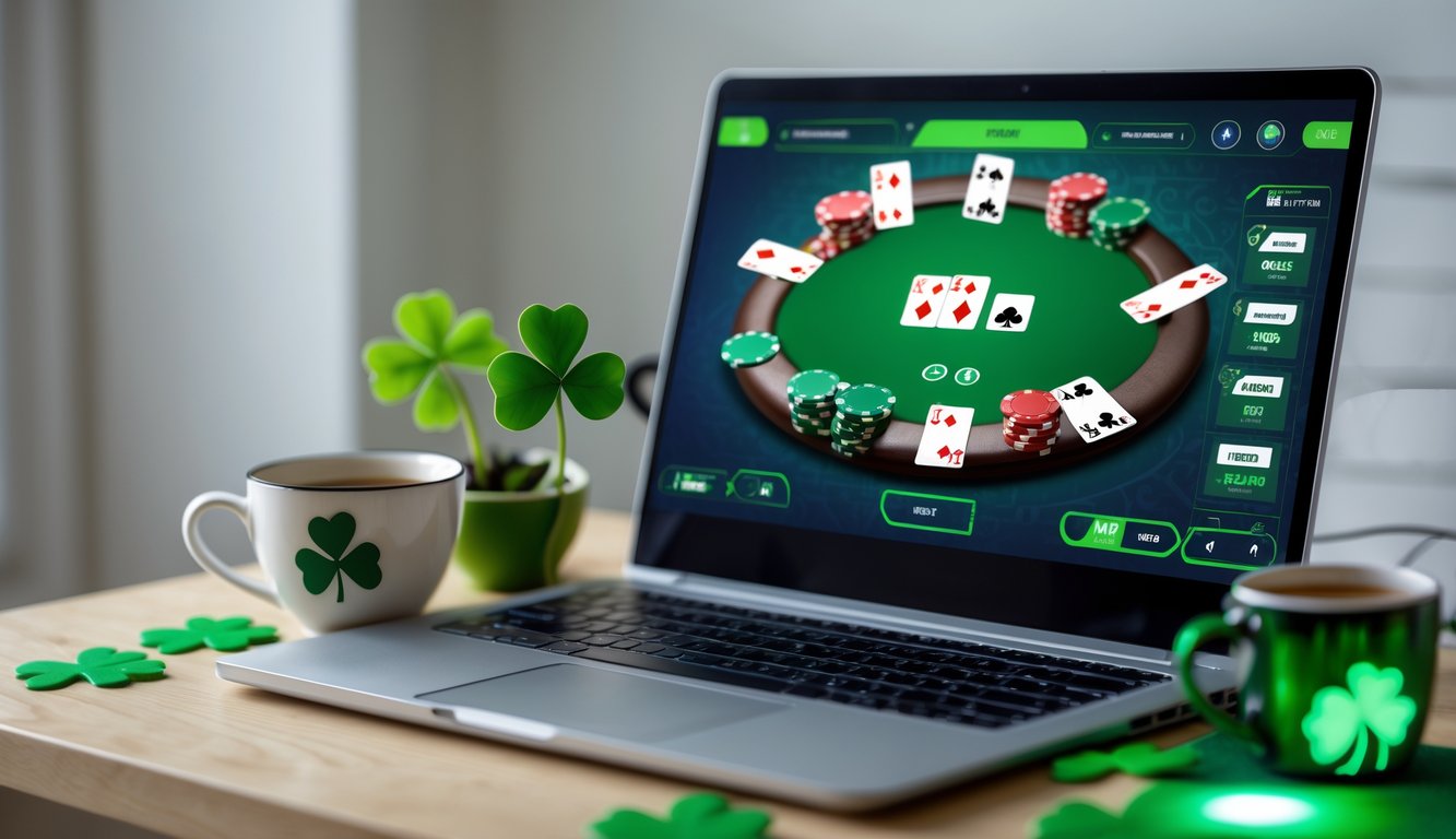 Seorang pemain menggunakan komputer untuk bermain poker online dengan tema Irlandia, terlihat kartu dan chip poker di layar dengan dekorasi shamrock di sekitar.