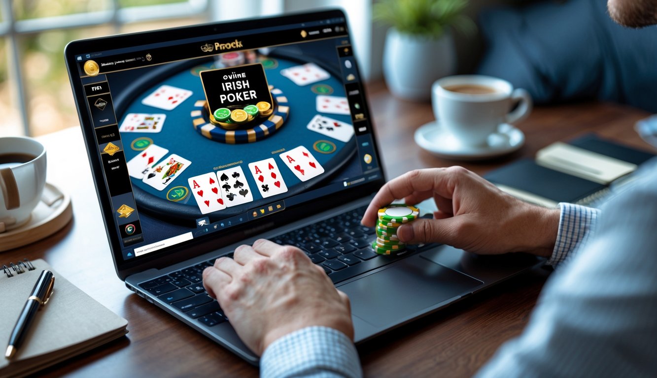 Seseorang bermain poker online di laptop dengan tumpukan chip di meja dan suasana ruangan yang terang.