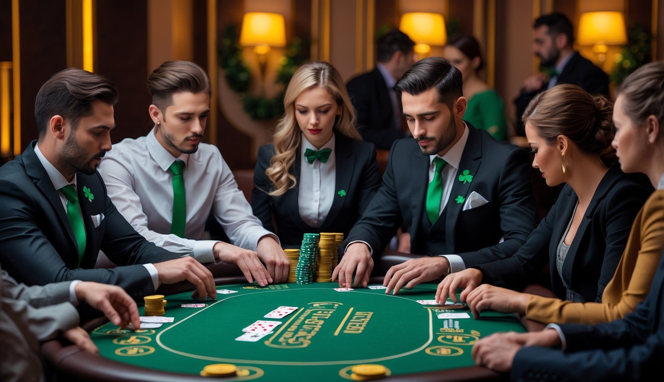 Sekelompok pemain poker yang serius duduk di sekitar meja hijau dengan chip dan kartu, di dalam ruangan kasino yang hangat dan elegan dengan dekorasi bertema Irlandia.