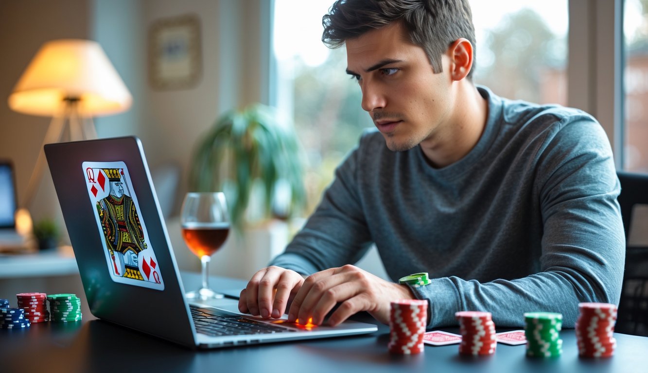 Seorang pria muda fokus bermain poker Irlandia secara online di depan laptop di meja kerja dengan kartu dan chip poker di sekitarnya.