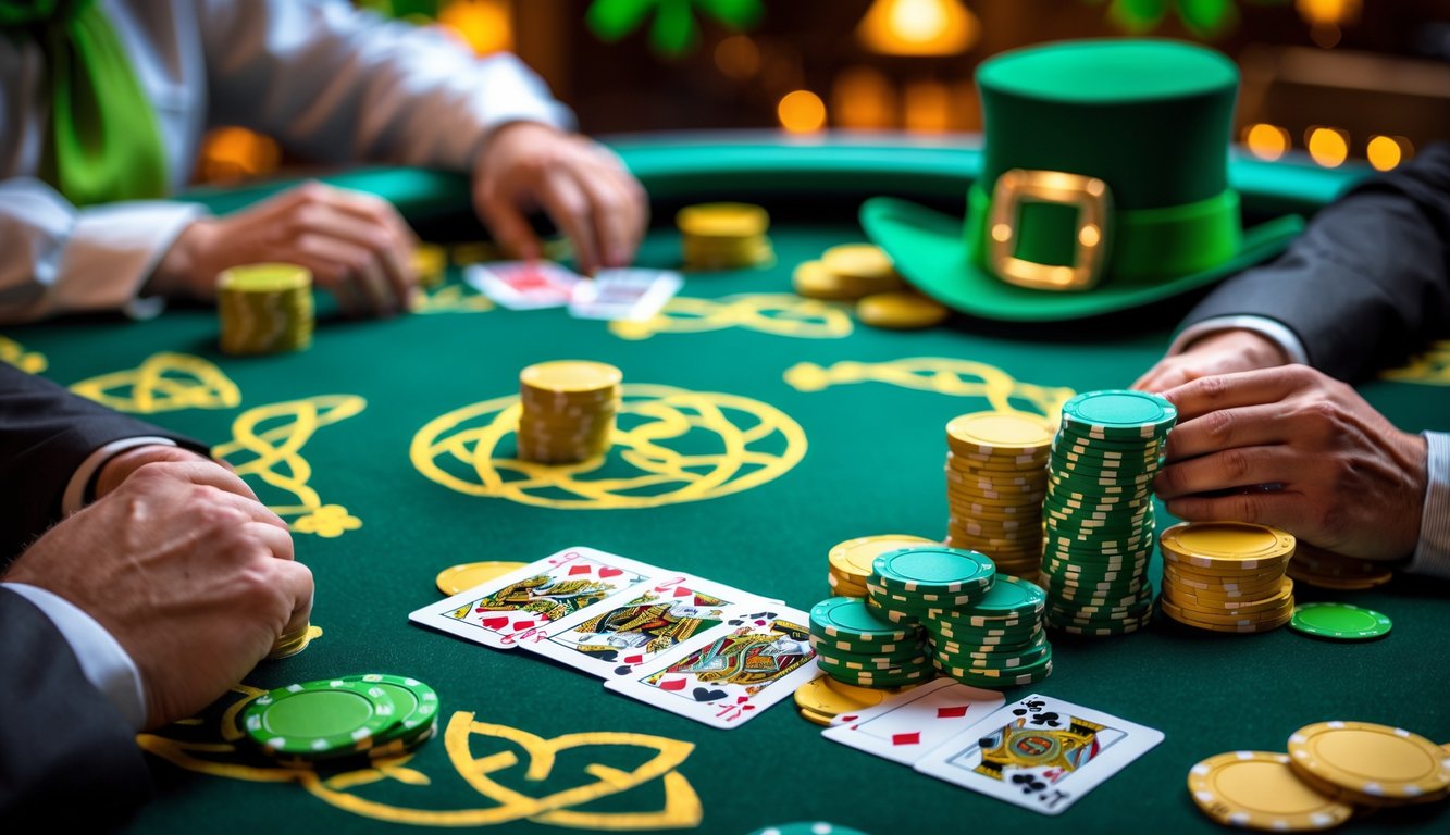 Suasana permainan poker dengan tema Irlandia dan tumpukan chip serta uang yang menunjukkan jackpot besar.