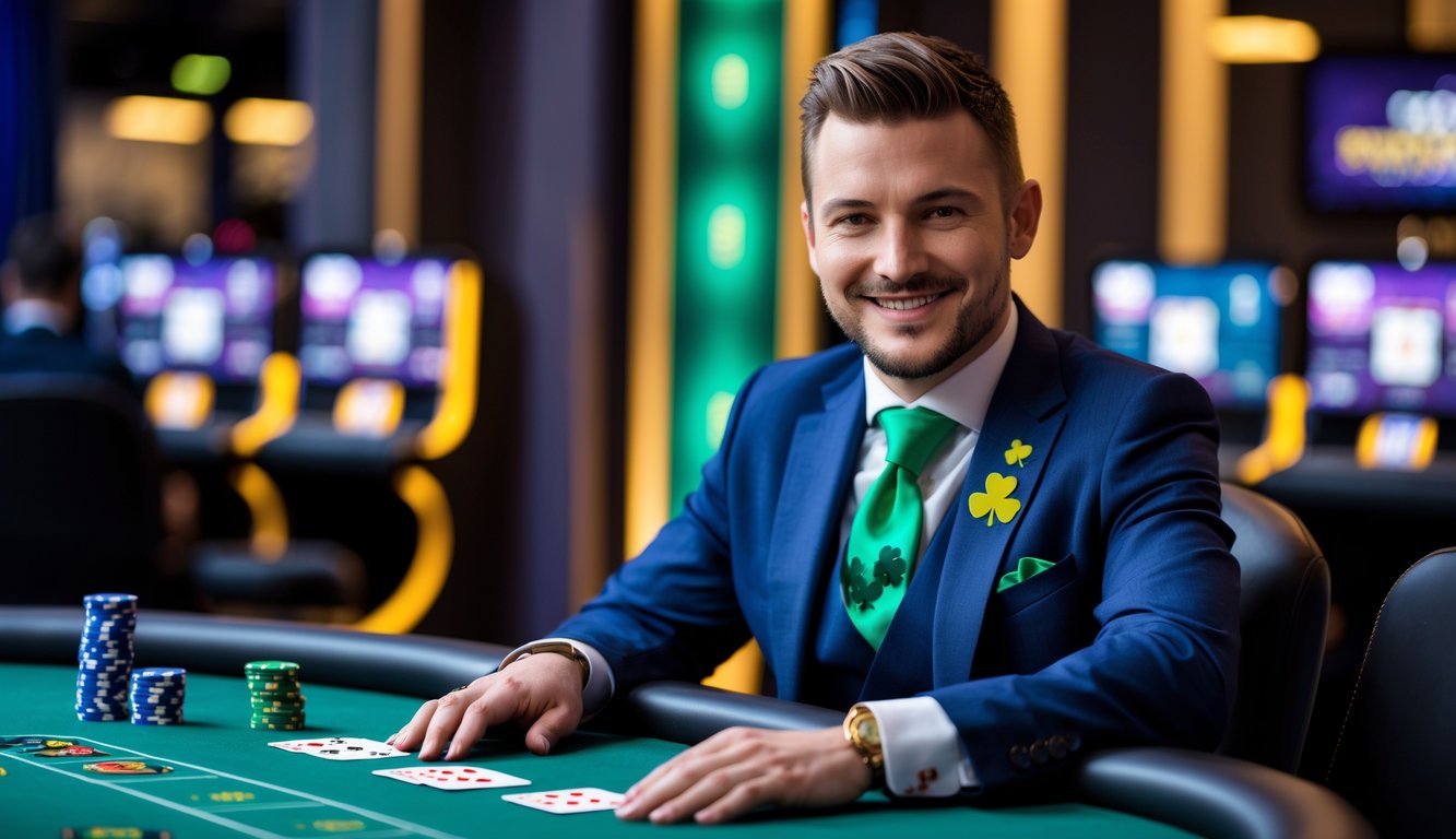 Seorang dealer poker Irlandia yang ramah duduk di meja poker dengan kartu dan chip, di studio kasino online modern.