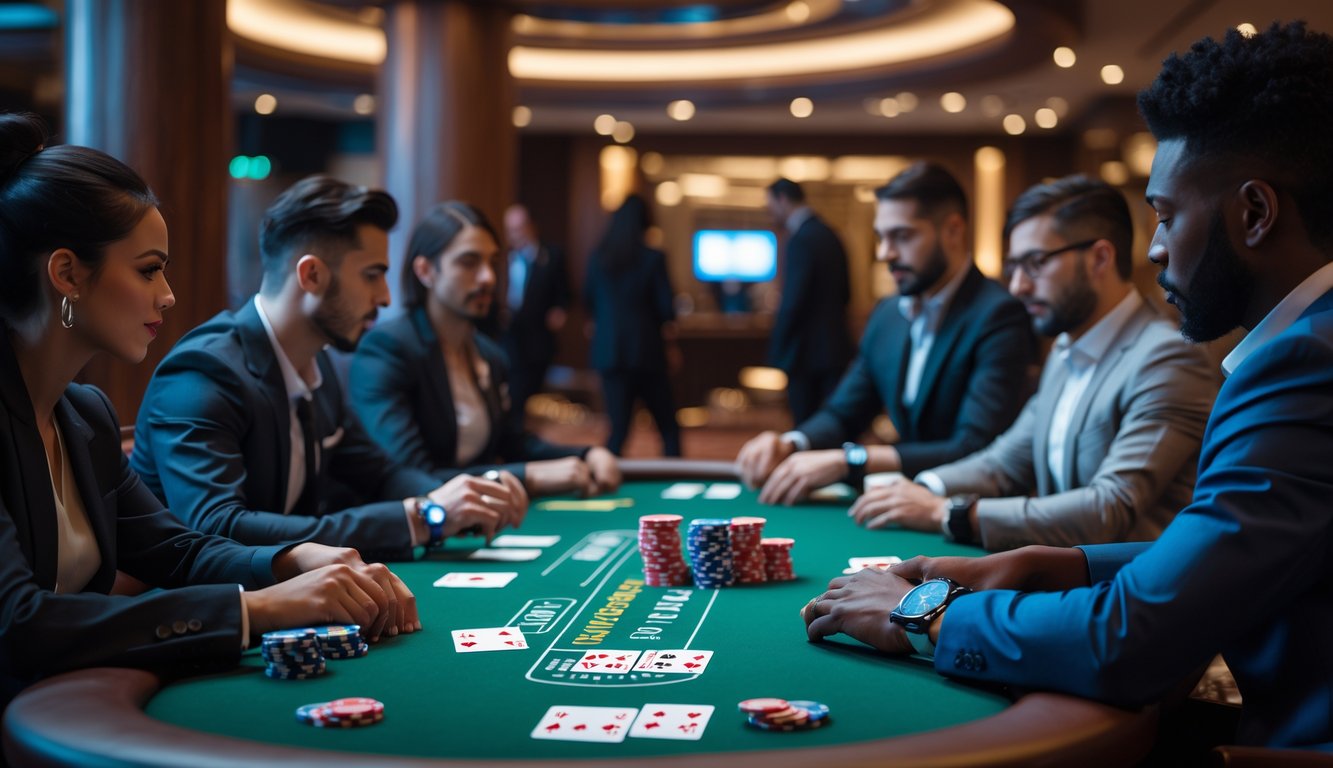 Sekelompok pemain sedang bermain poker di meja kasino dengan tumpukan kartu dan chip di atas meja.