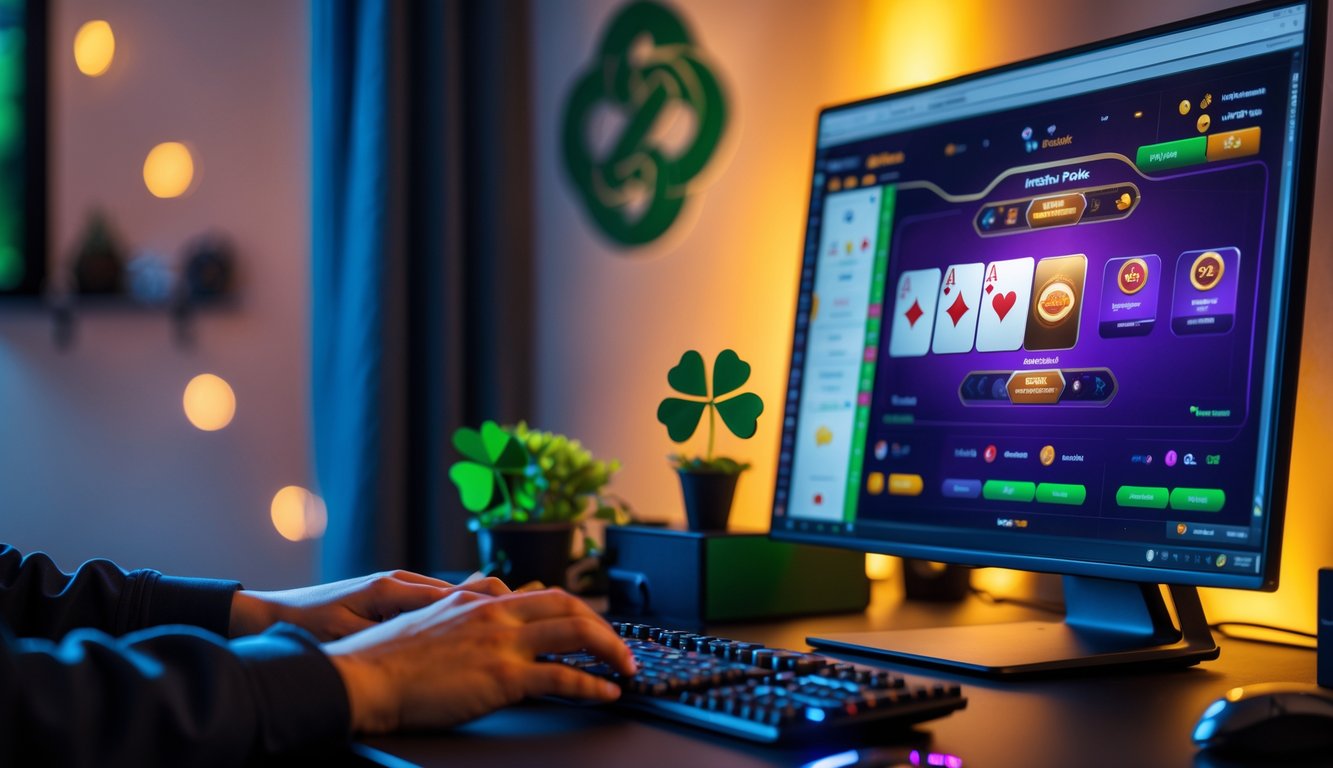 Seseorang sedang bermain poker online dengan latar belakang dekorasi bertema Irlandia di ruang kerja modern.