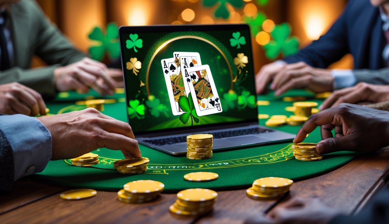 Orang-orang bermain poker online dengan latar belakang dekorasi bertema Irlandia dan meja kayu.