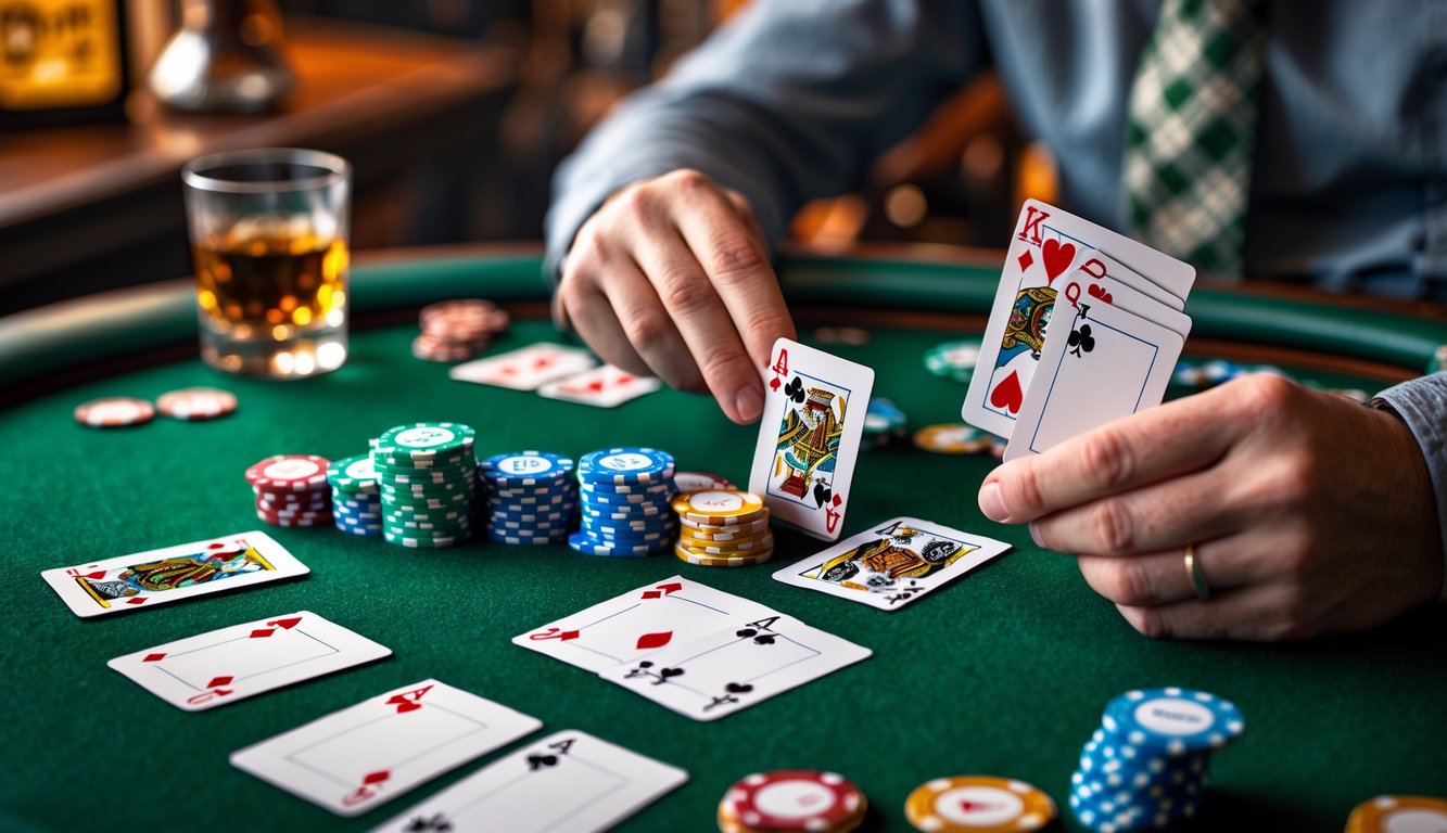 Meja poker dengan kartu dan chip, tangan memegang kartu, suasana pub Irlandia di latar belakang.