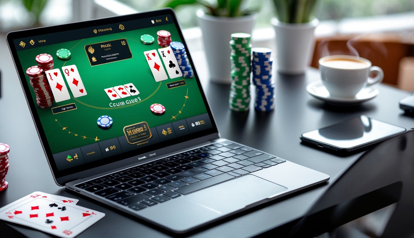 Seseorang bermain kartu Ceme secara online di depan laptop dengan tumpukan chip poker di meja yang rapi.