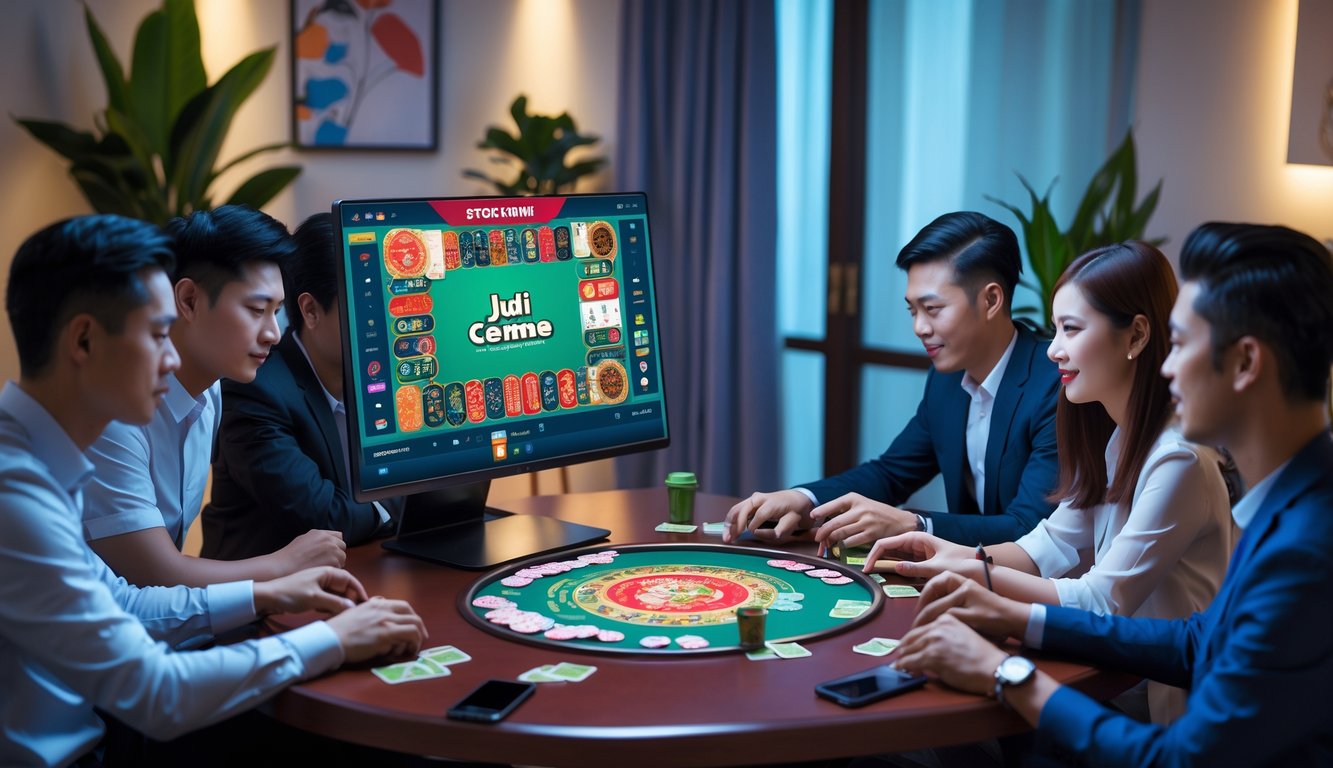 Beberapa orang muda sedang bermain permainan kartu Judi Ceme secara online di sebuah ruangan modern dengan komputer dan perangkat digital.