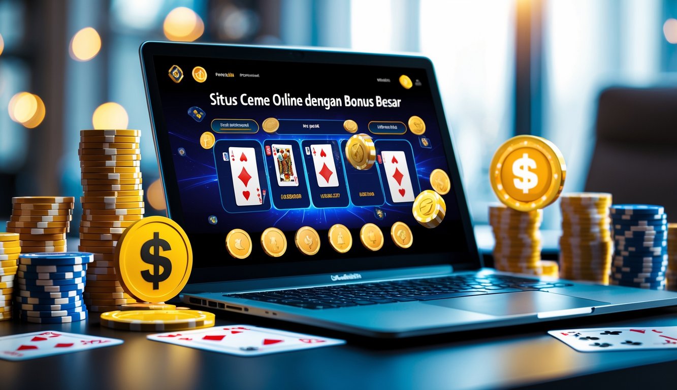 Seorang pemain menggunakan laptop dengan tampilan permainan kartu online dan tumpukan chip poker di meja.