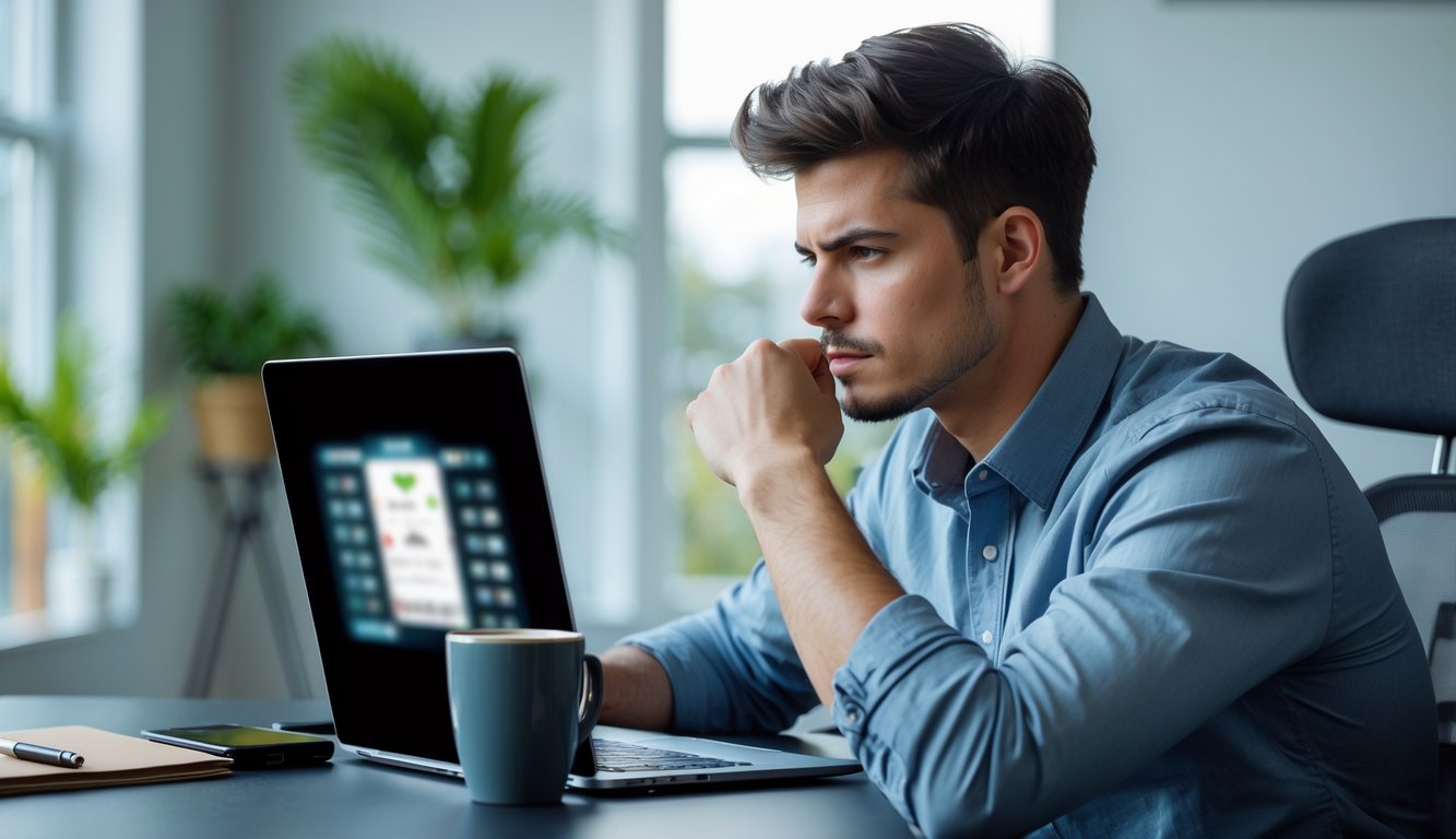 Seorang pria muda duduk di meja dengan laptop, tampak fokus bermain permainan kartu online di ruang kerja modern.