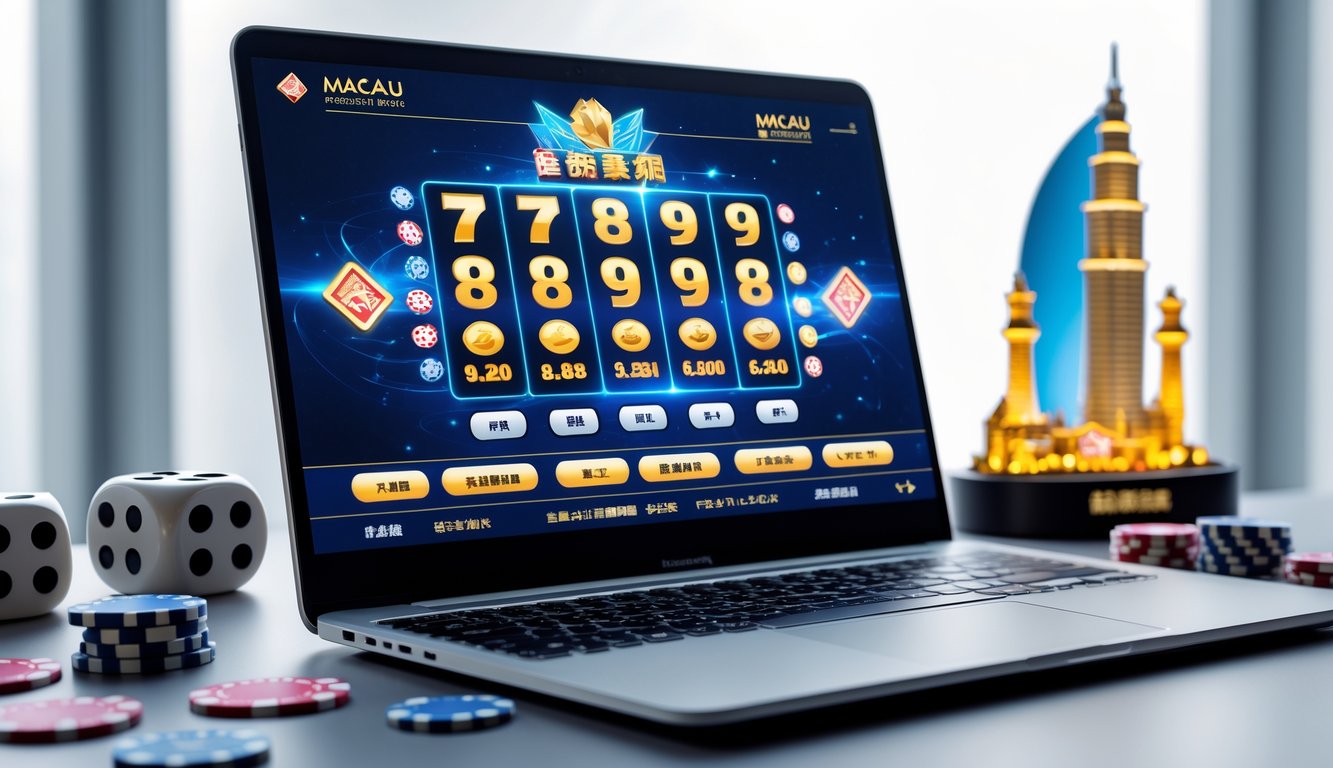 Seorang pria menggunakan laptop di meja kerja dengan antarmuka permainan lotere online bertema Macau di layar, dikelilingi oleh dadu dan chip poker.