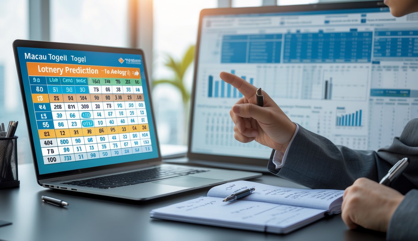 Sebuah meja kantor dengan laptop yang menampilkan grafik dan angka, serta buku catatan dan pena, menunjukkan seseorang sedang menganalisis prediksi togel Macau.